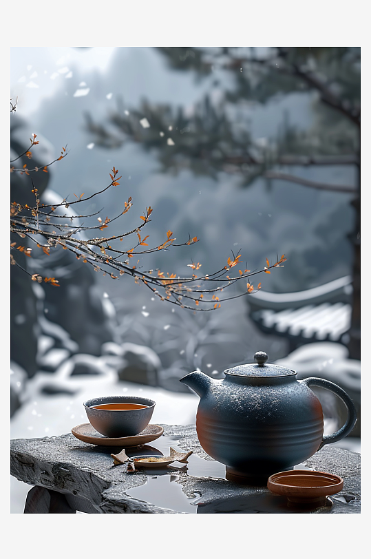 创意冬季户外桌上的茶水-众图网
