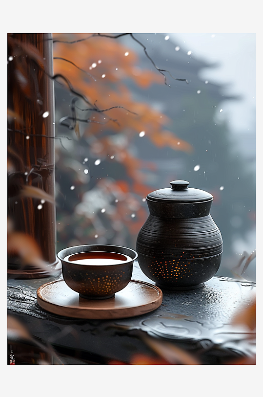 创意冬季户外桌上的茶水-众图网