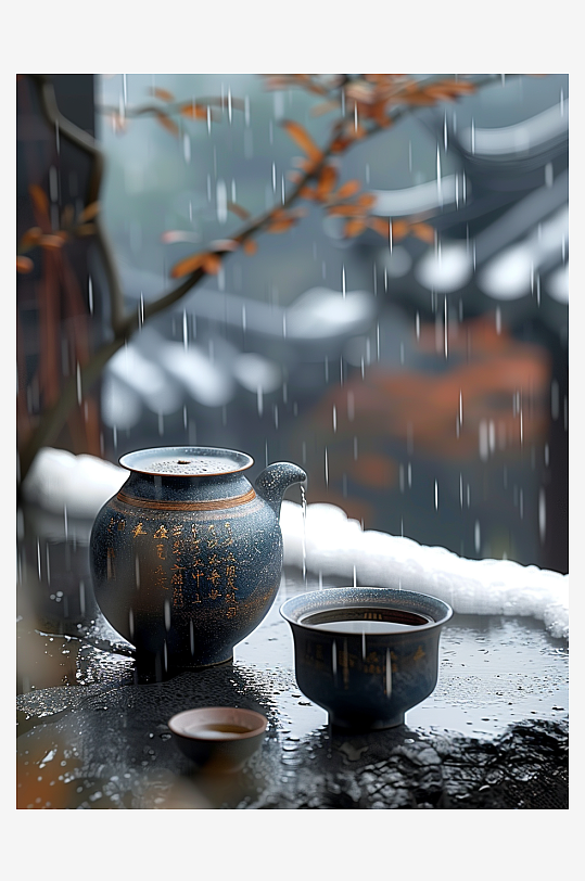 创意冬季户外桌上的茶水-众图网