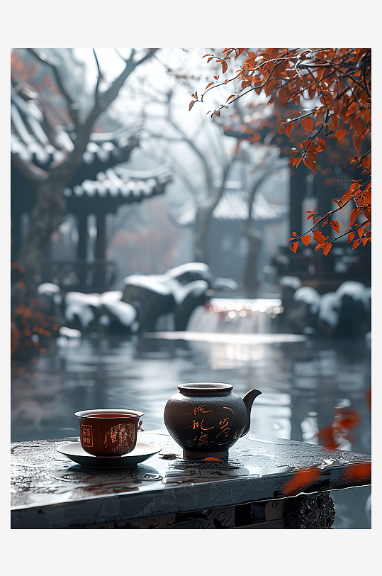 创意冬季户外桌上的茶水-众图网