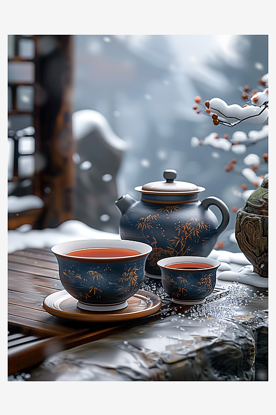 创意冬季户外桌上的茶水-众图网