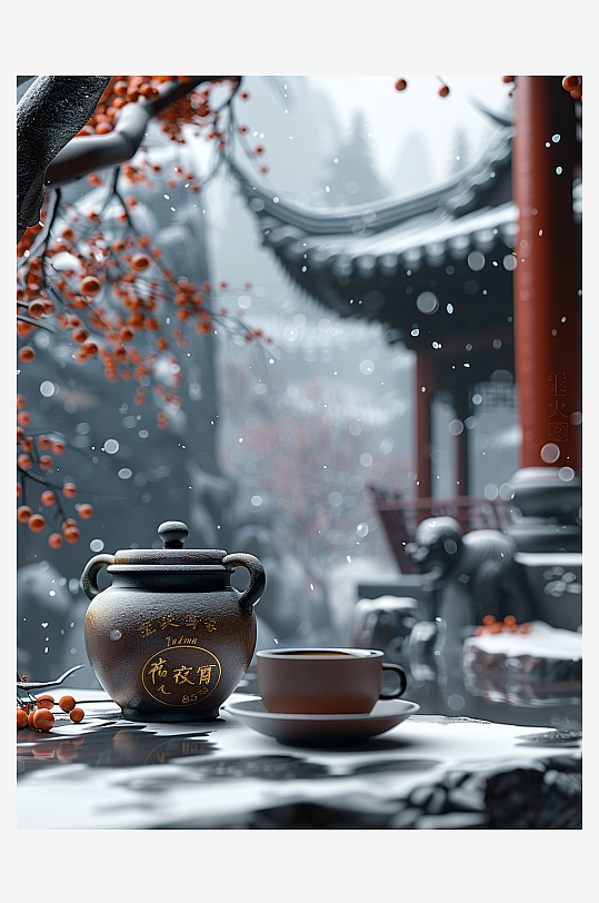 创意冬季户外桌上的茶水-众图网