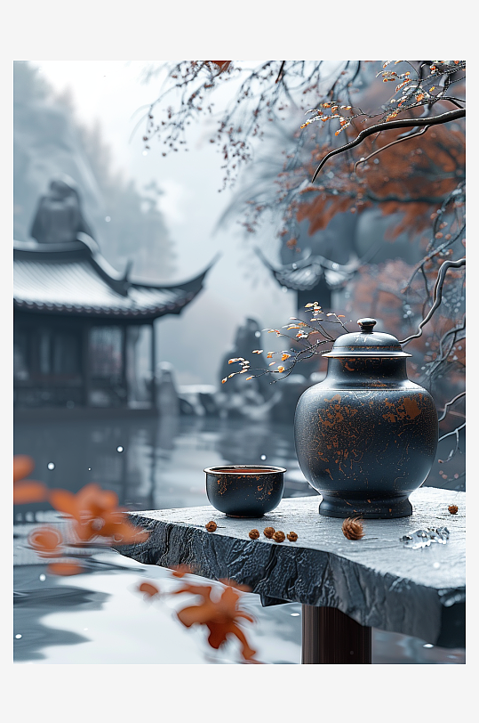 创意冬季户外桌上的茶水-众图网
