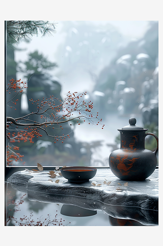 创意冬季户外桌上的茶水-众图网