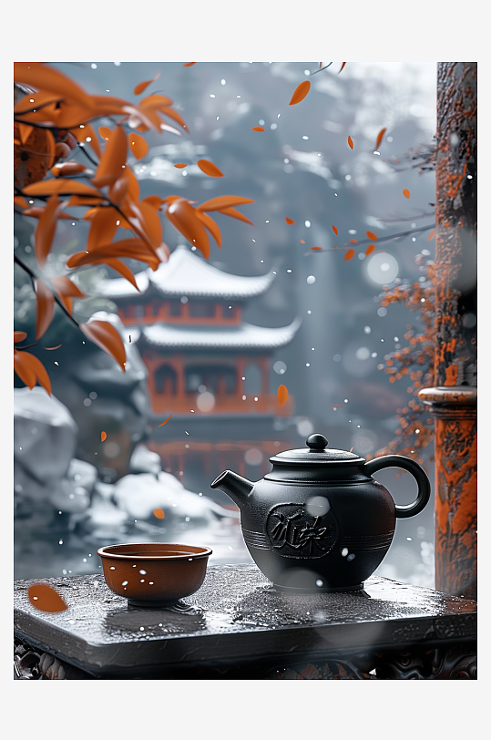 创意冬季户外桌上的茶水-众图网