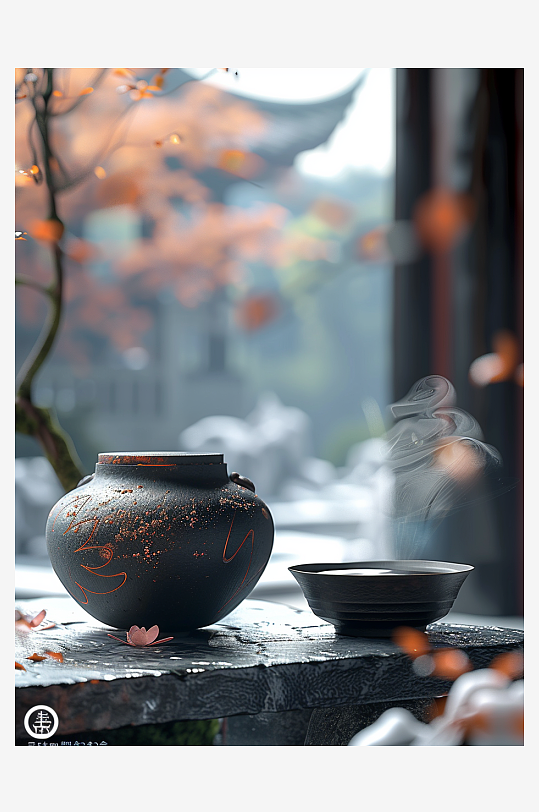 创意冬季户外桌上的茶水-众图网