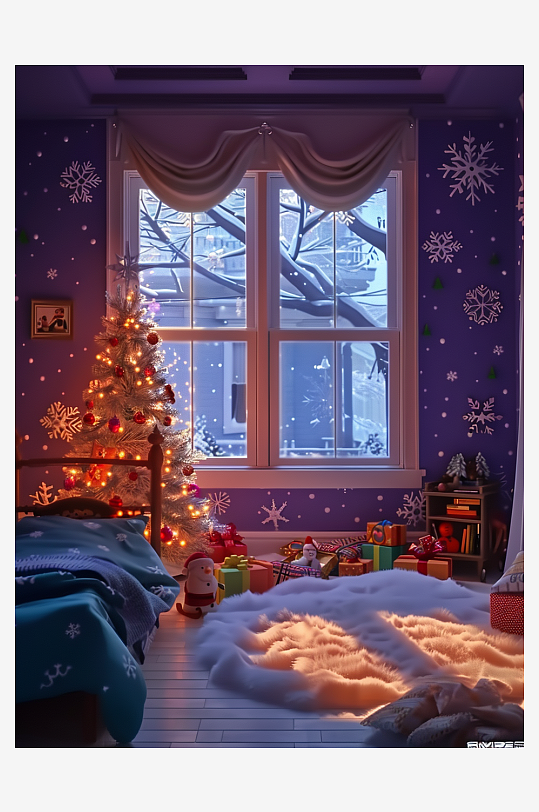 卧室圣诞节布置场景-众图网