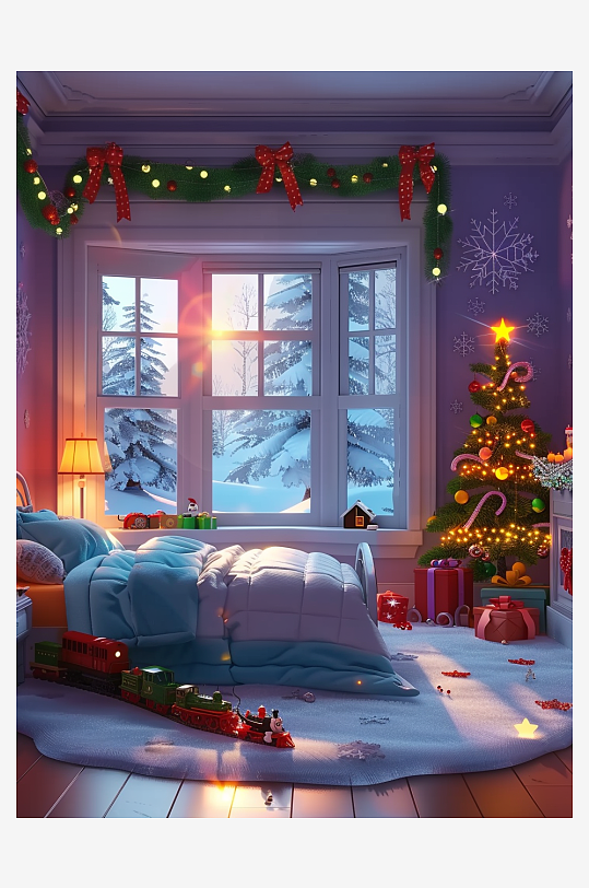 卧室圣诞节布置场景-众图网