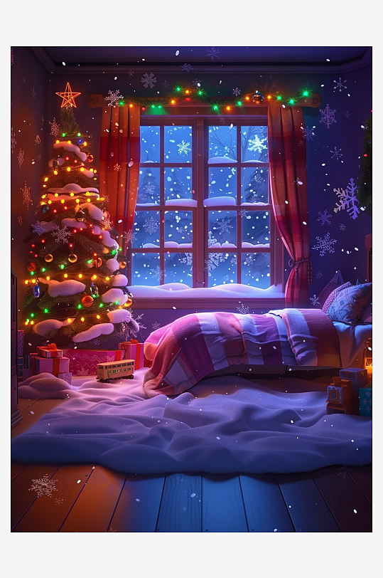 卧室圣诞节布置场景-众图网