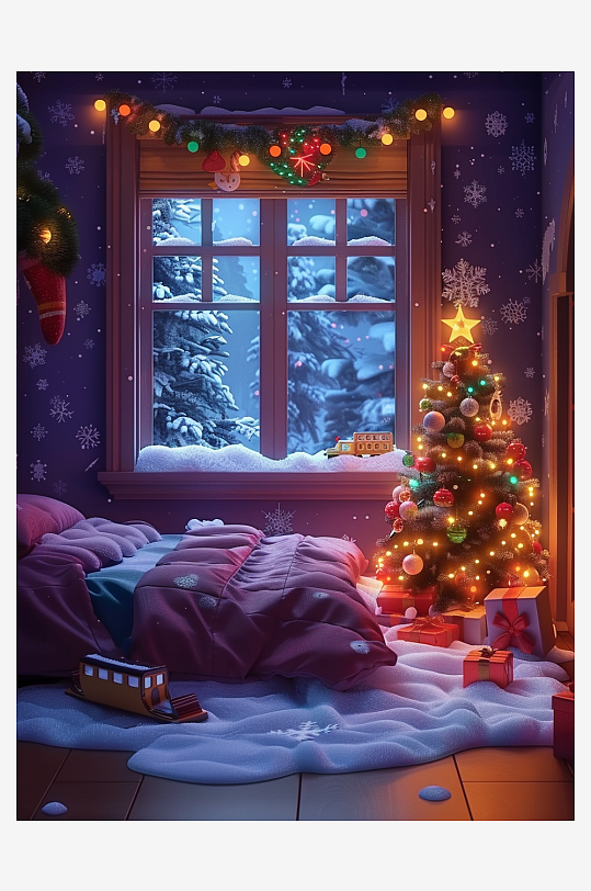 卧室圣诞节布置场景-众图网