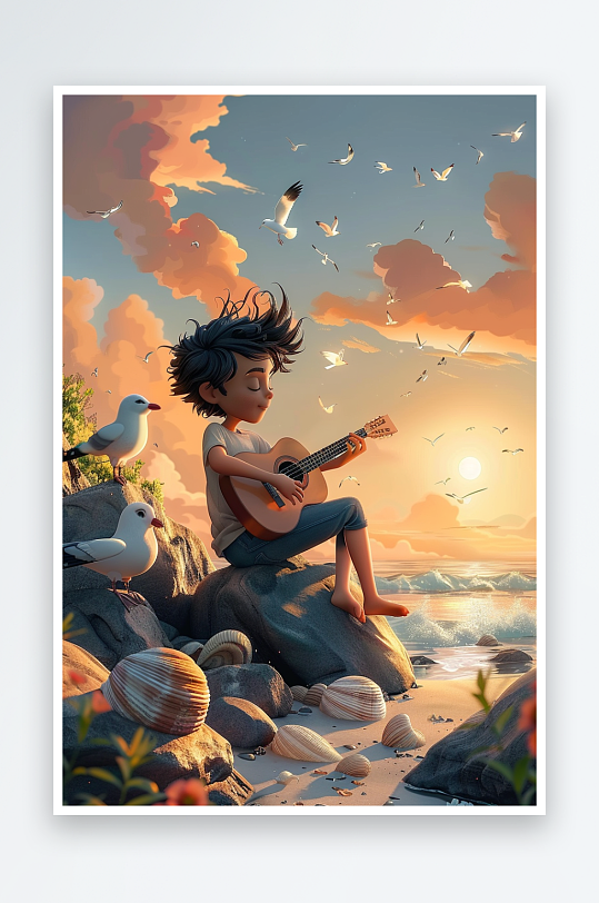 海边弹吉他的小男孩-众图网
