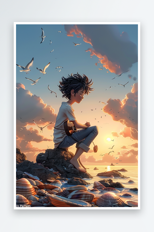 海边弹吉他的小男孩-众图网