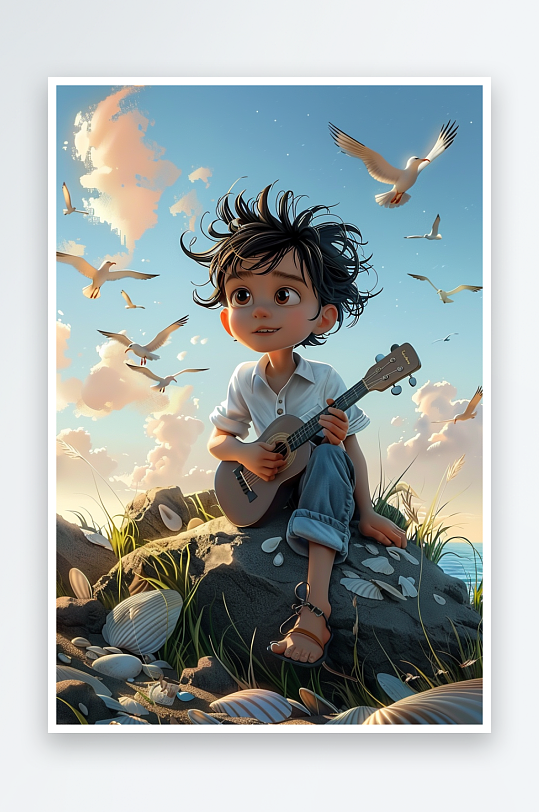 海边弹吉他的小男孩-众图网