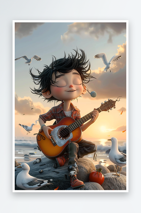 海边弹吉他的小男孩-众图网