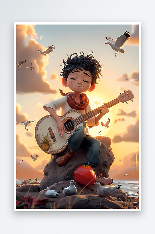 海边弹吉他的小男孩-众图网