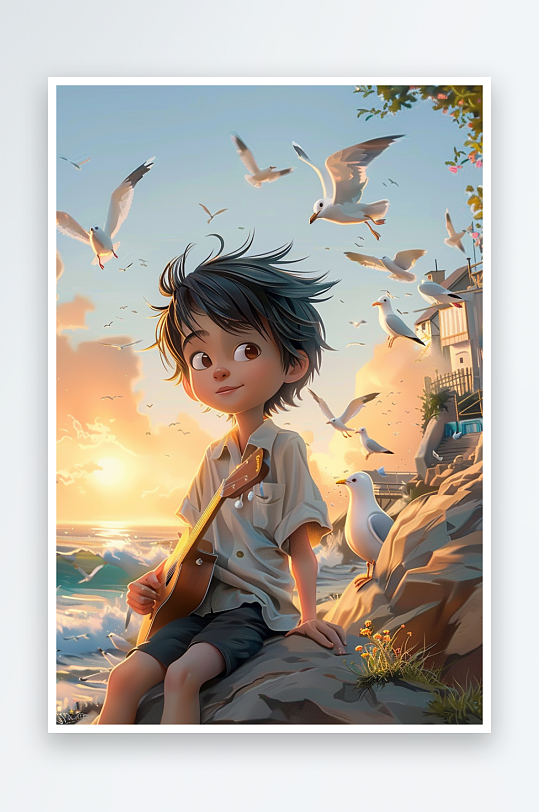 海边弹吉他的小男孩-众图网