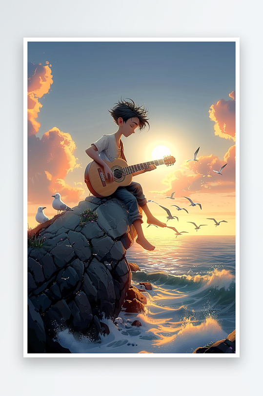 海边弹吉他的小男孩-众图网