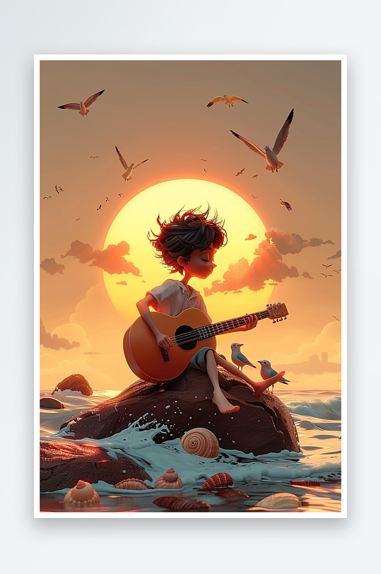 海边弹吉他的小男孩-众图网
