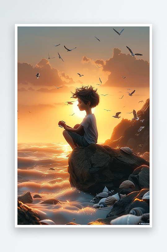 海边弹吉他的小男孩-众图网