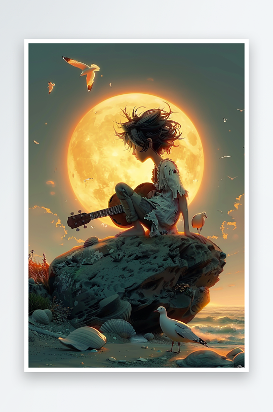 海边弹吉他的小男孩-众图网