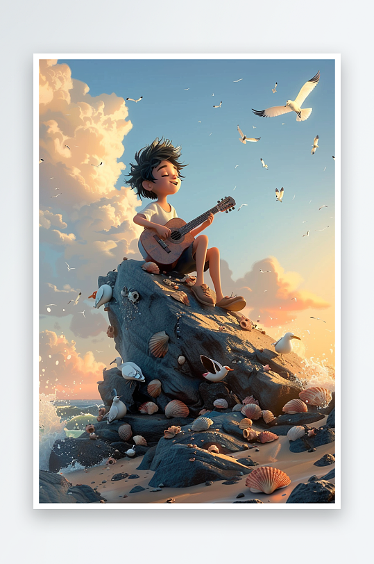 海边弹吉他的小男孩-众图网