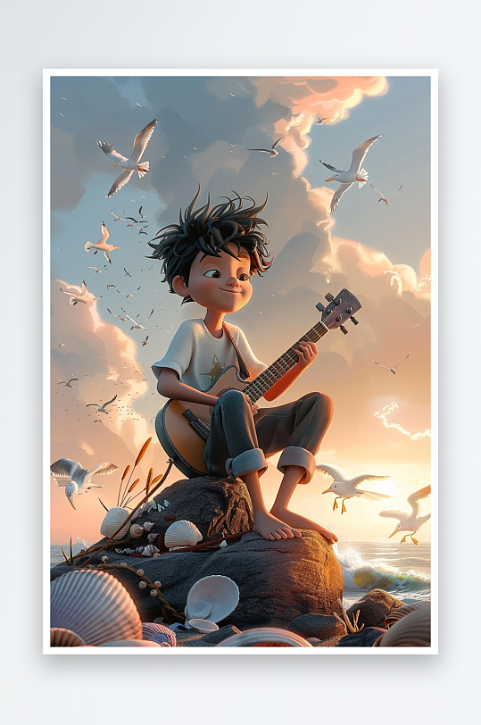 海边弹吉他的小男孩-众图网