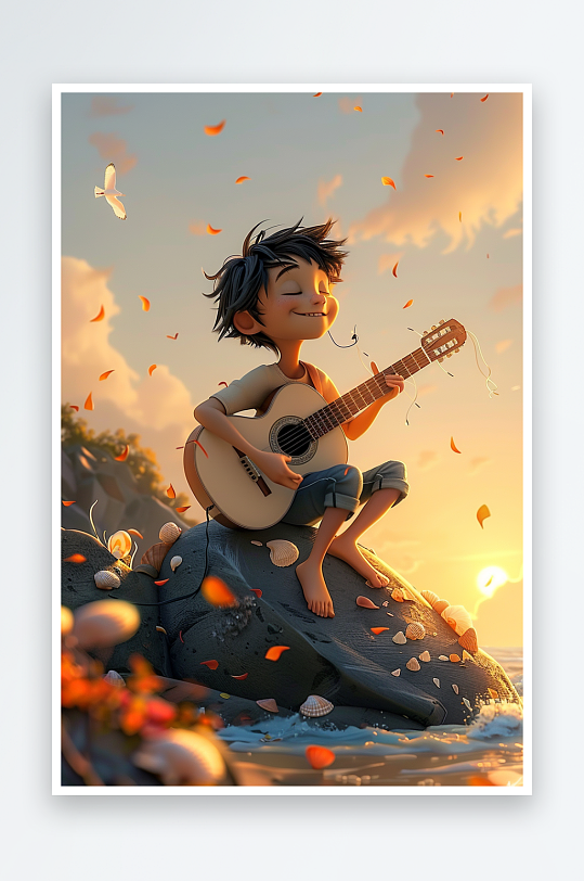海边弹吉他的小男孩-众图网