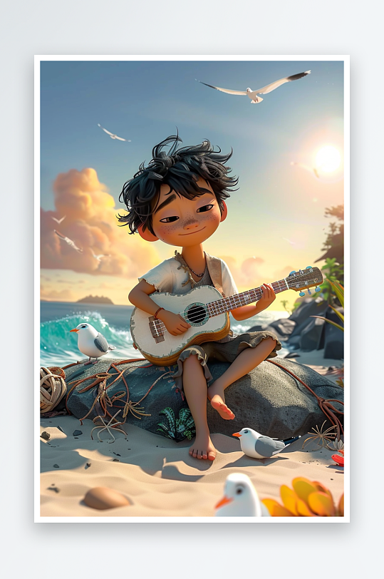 海边弹吉他的小男孩-众图网