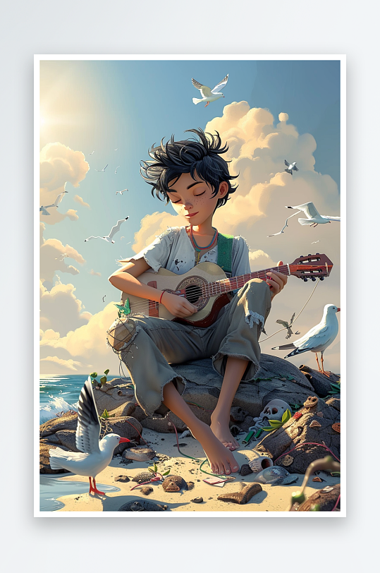 海边弹吉他的小男孩-众图网