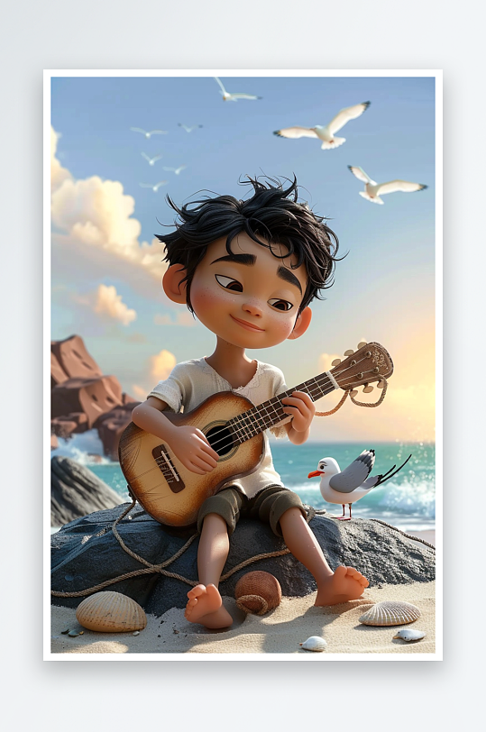 海边弹吉他的小男孩-众图网
