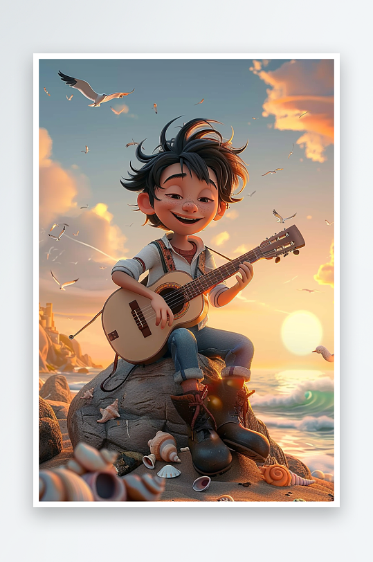 海边弹吉他的小男孩-众图网