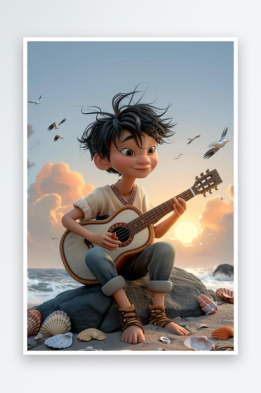 海边弹吉他的小男孩-众图网