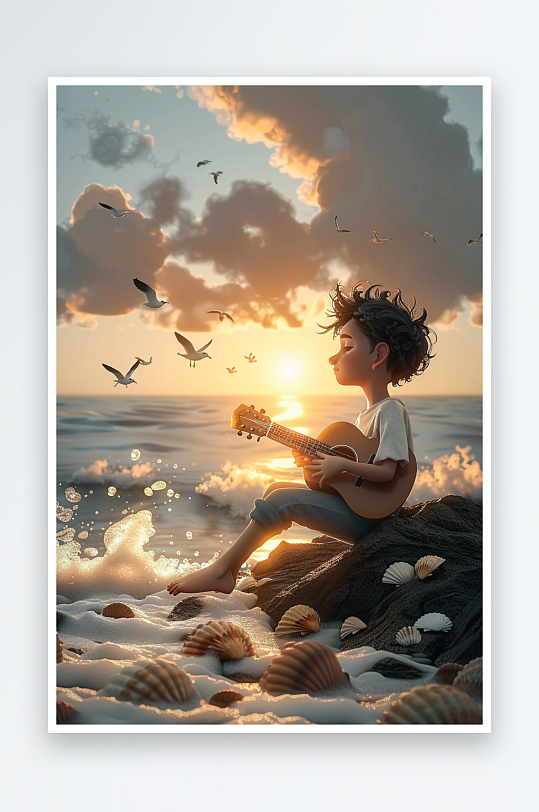 海边弹吉他的小男孩-众图网