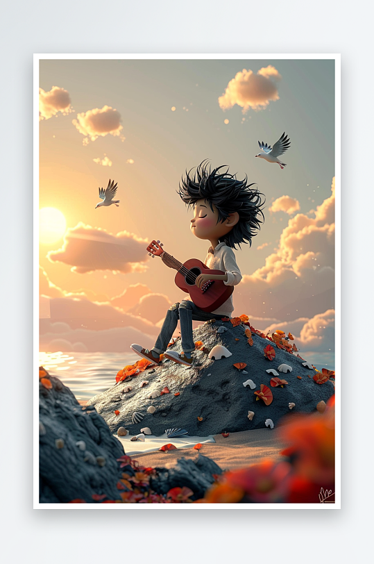 海边弹吉他的小男孩-众图网