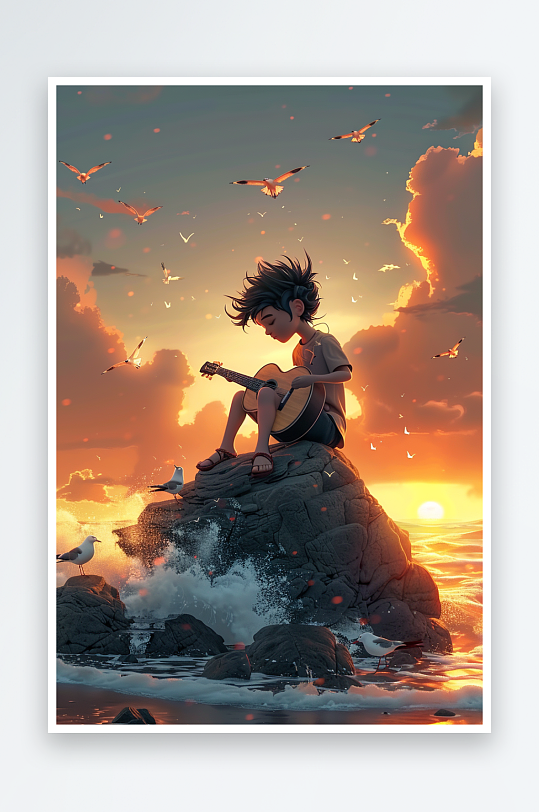 海边弹吉他的小男孩-众图网