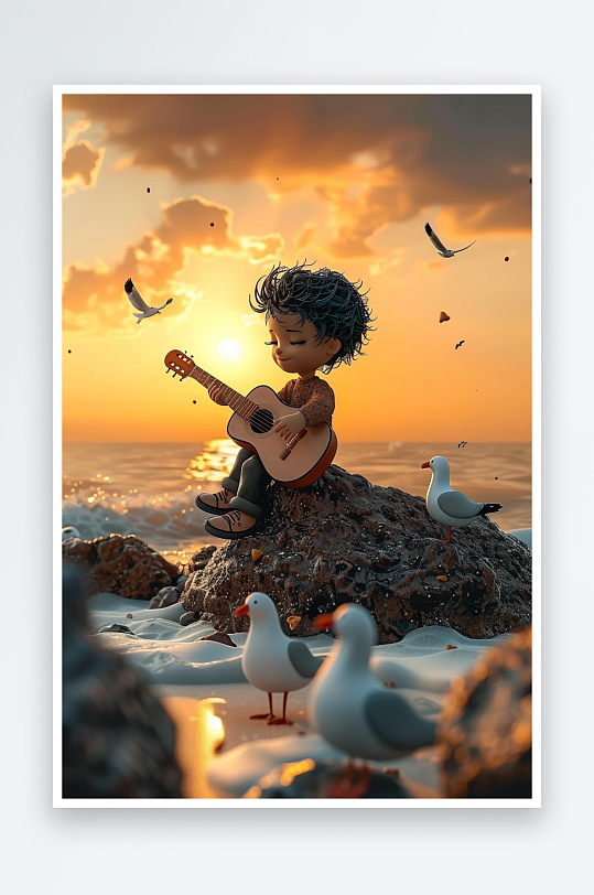 海边弹吉他的小男孩-众图网