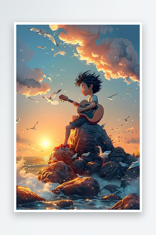 海边弹吉他的小男孩-众图网