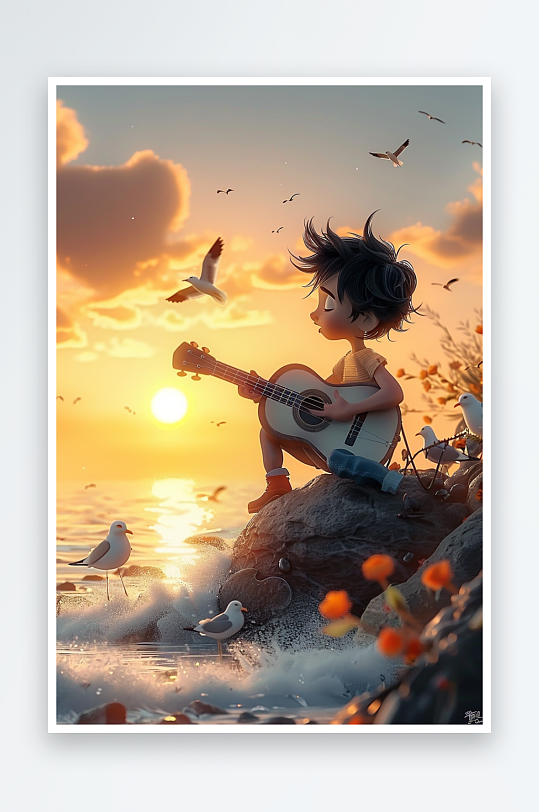 海边弹吉他的小男孩-众图网