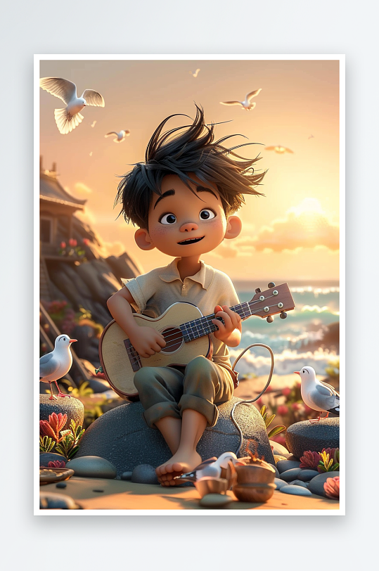 海边弹吉他的小男孩-众图网