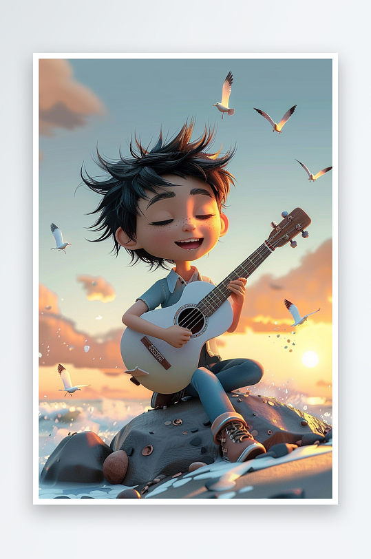 海边弹吉他的小男孩-众图网