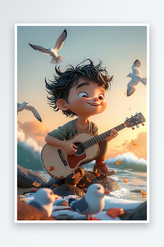 海边弹吉他的小男孩-众图网