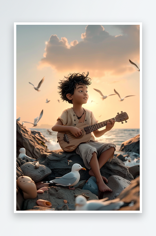 海边弹吉他的小男孩-众图网