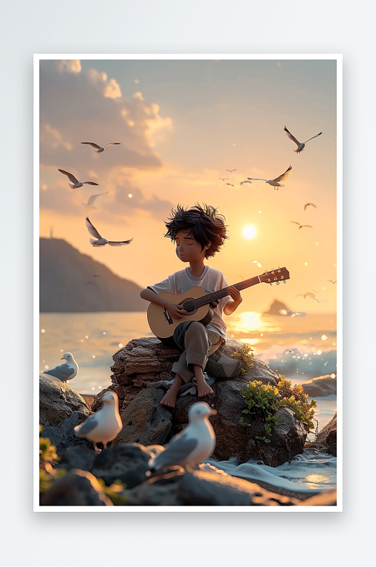 海边弹吉他的小男孩-众图网