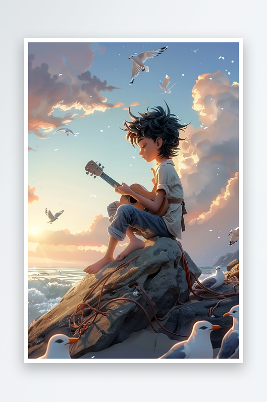 海边弹吉他的小男孩-众图网