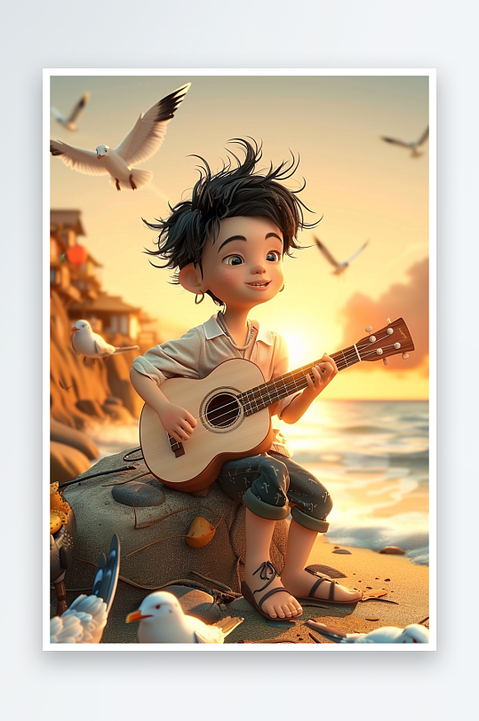海边弹吉他的小男孩-众图网