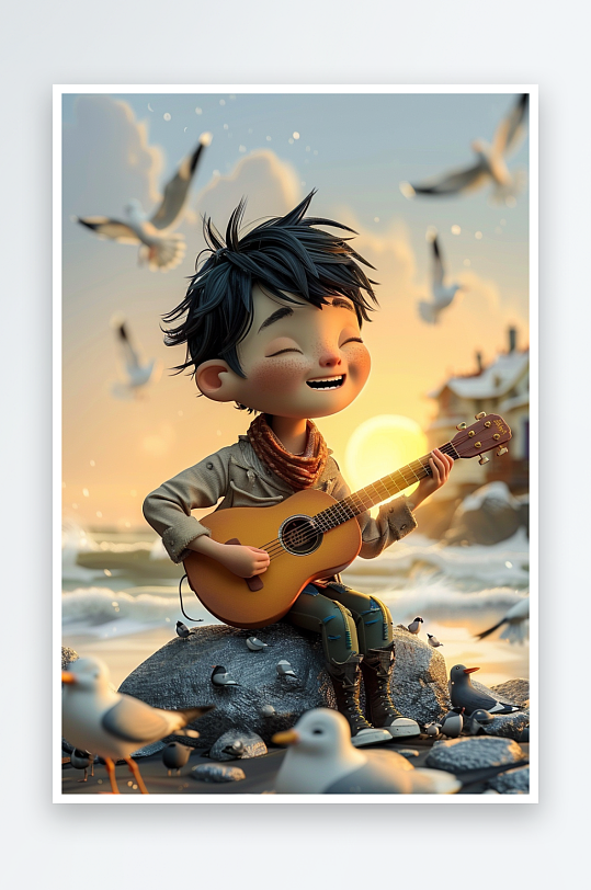 海边弹吉他的小男孩-众图网