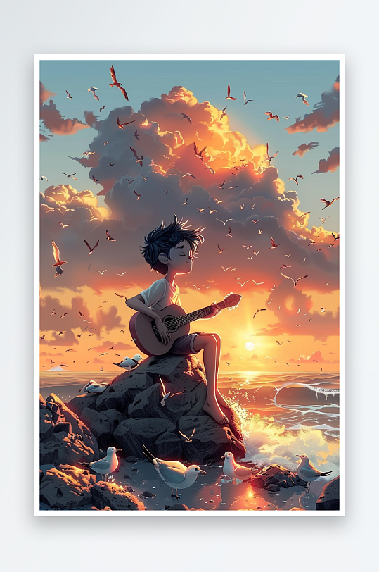 海边弹吉他的小男孩-众图网