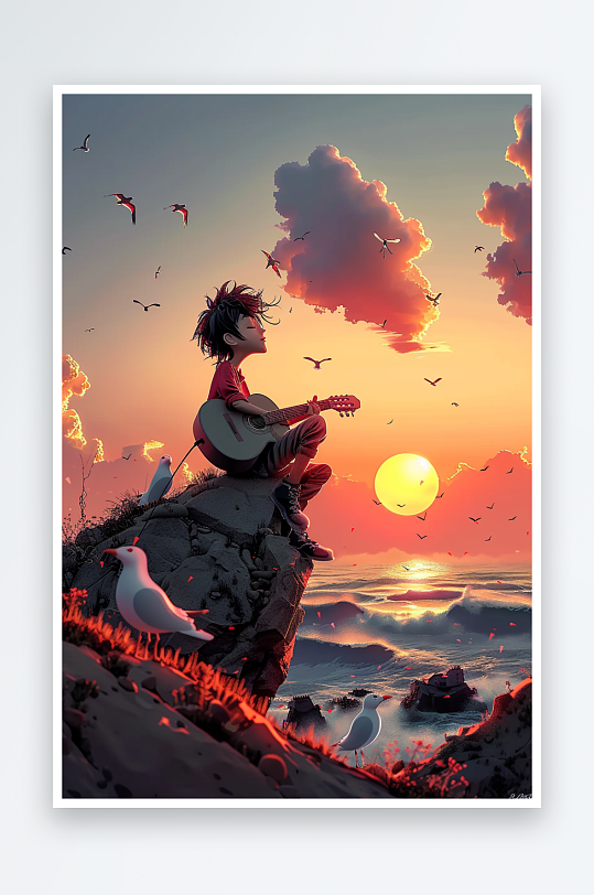 海边弹吉他的小男孩-众图网