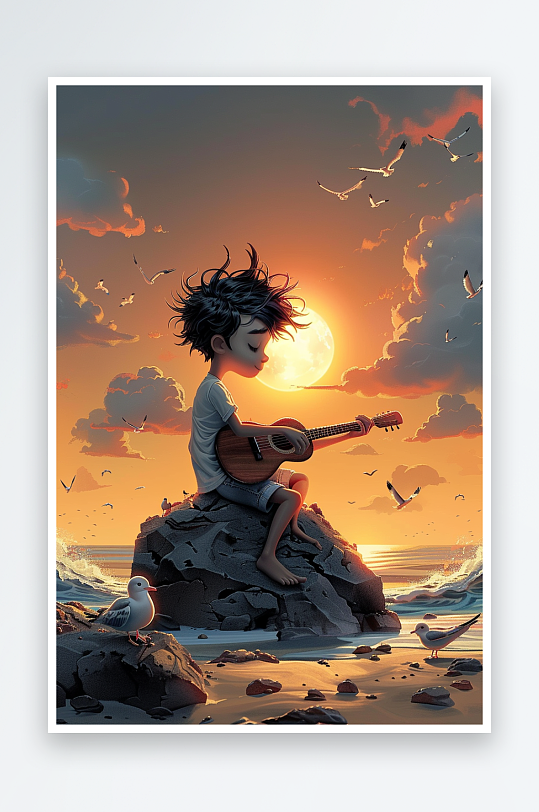 海边弹吉他的小男孩-众图网