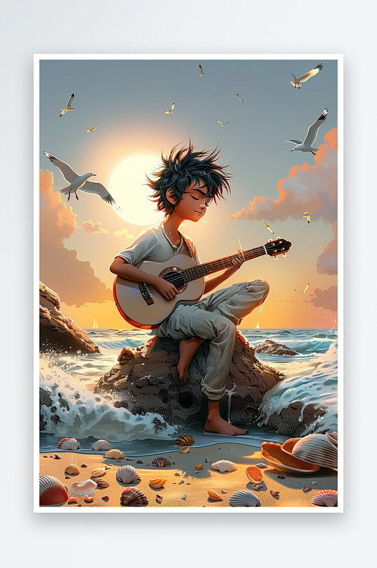 海边弹吉他的小男孩-众图网